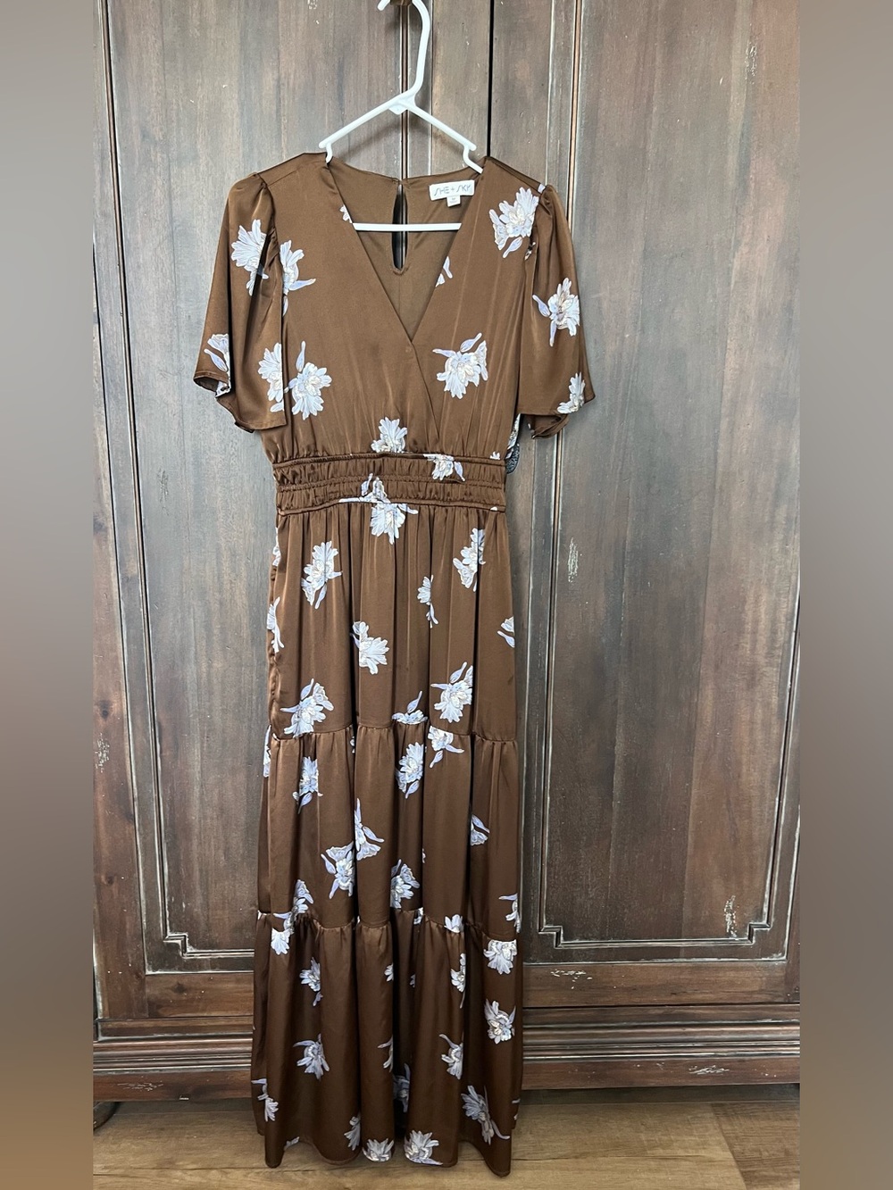 She + Sky Brown Floral Tiered Maxi Dress with White and Light Blue Flowers